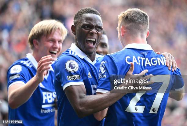 Patson Daka of Leicester City celebrates with goal scorer Timothy Castagne of Leicester City during the Premier League match between Leicester City...