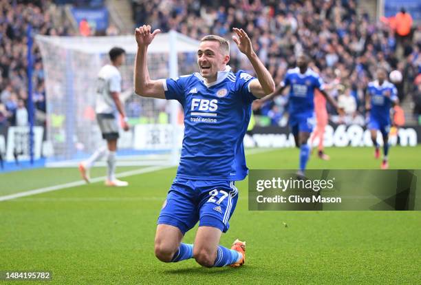 Timothy Castagne of Leicester City celebrates after scoring the team's second goal during the Premier League match between Leicester City and...