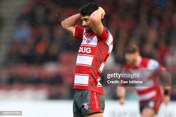 Adam Hastings of Gloucester Rugby looks dejected after missing a conversion during the Gallagher Premiership Rugby match between Gloucester Rugby and...