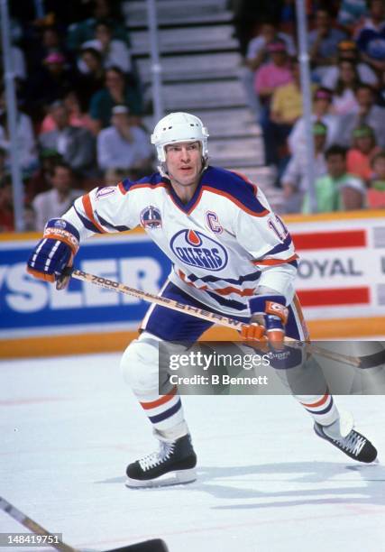 Mark Messier of the Edmonton Oilers skates on the ice during the 1990 Stanley Cup Finals against the Boston Bruins in May, 1990 at the Northlands...