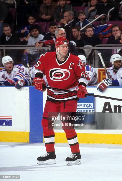 Keith Primeau of the Carolina Hurricanes skates on the ice during an NHL game against the New York Rangers on December 23, 1998 at the Madison Square...