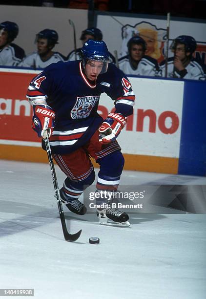 Derek Roy of the Kitchener Rangers skates with the puck during an OHL game in November, 1999.