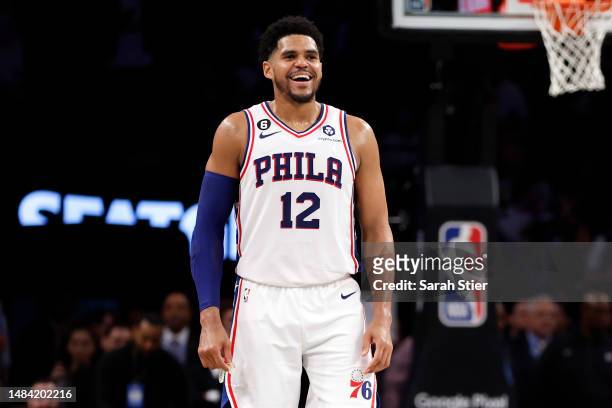 Tobias Harris of the Philadelphia 76ers reacts against the Brooklyn Nets during the second half of Game Four of the Eastern Conference First Round...