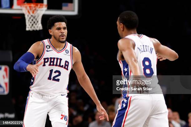 Tobias Harris reacts with De'Anthony Melton of the Philadelphia 76ers against the Brooklyn Nets during the second half of Game Four of the Eastern...