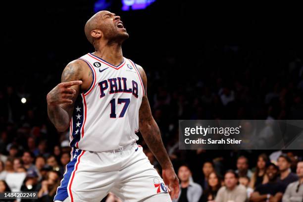 Tucker of the Philadelphia 76ers reacts against the Brooklyn Nets during the second half of Game Four of the Eastern Conference First Round Playoffs...