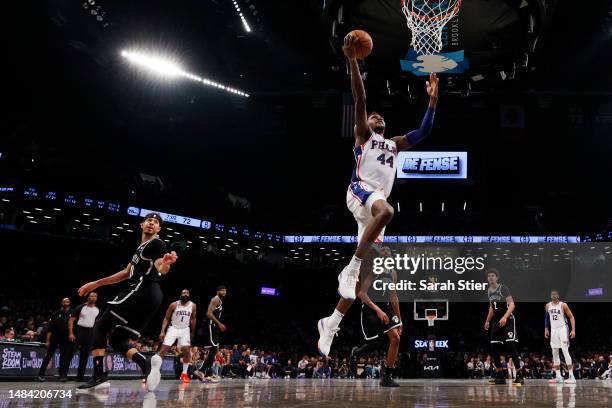 Paul Reed of the Philadelphia 76ers goes to the basket against the Brooklyn Nets during the second half of Game Four of the Eastern Conference First...