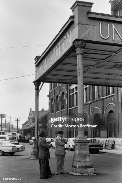 Men watch outside Union Station in Montgomery, Alabama as marchers arrive on the SCLC Freedom Train from Washington, DC to participate in the Selma...