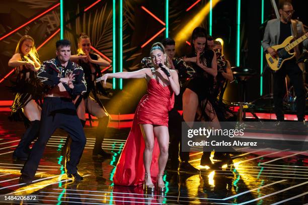 Carolina Gaitan performs on stage during the Platino Awards ceremony for Ibero-American Cinema 2023 at the Palacio Municipal de Congresos-IFEMA on...