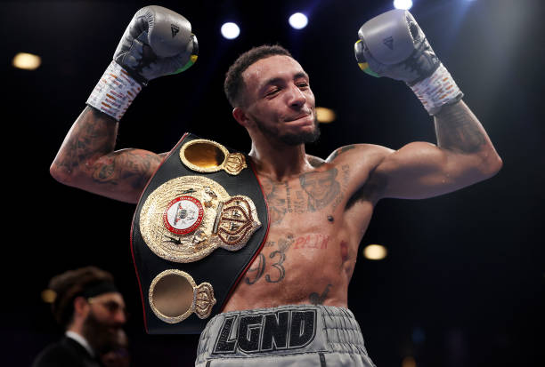 Zelfa Barrett celebrates after defeating Jason Sanchez during the Super Featherweight fight between Zelfa Barrett and Jason Sanchez at Motorpoint...