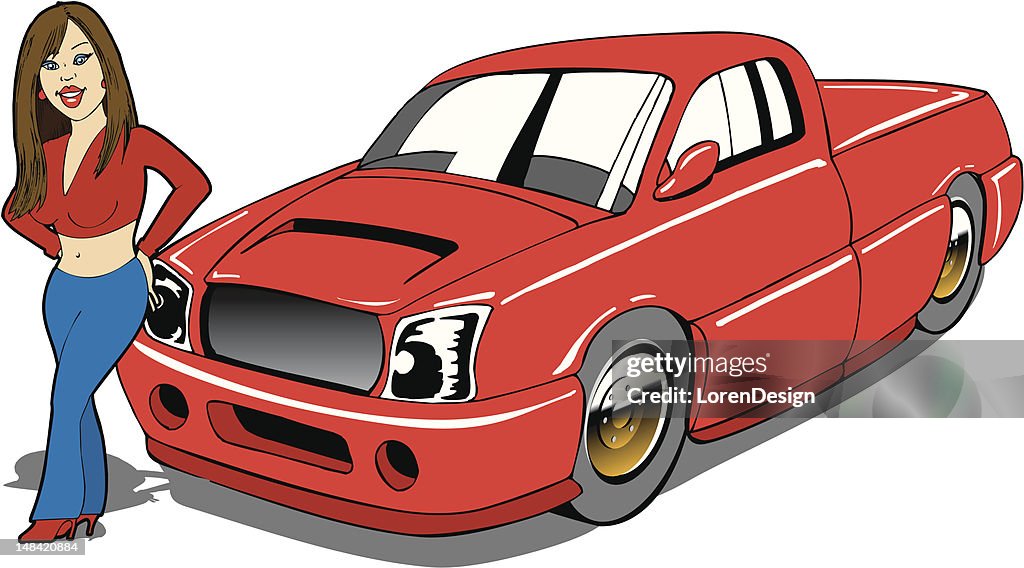 Linda chica de historieta con Pickup Truck