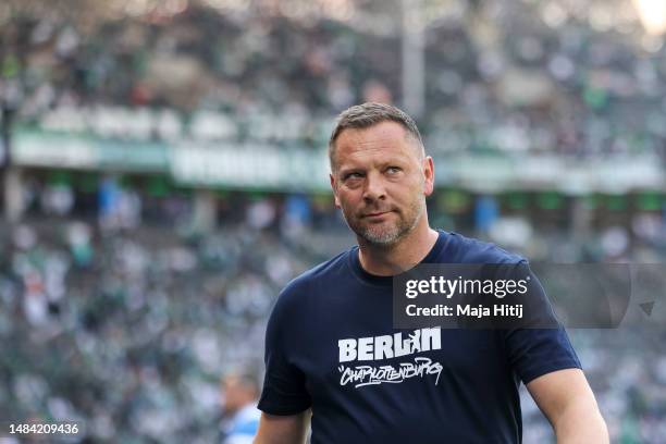 Pal Dardai, Head Coach of Hertha Berlin looks on prior to the Bundesliga match between Hertha BSC and SV Werder Bremen at Olympiastadion on April 22,...