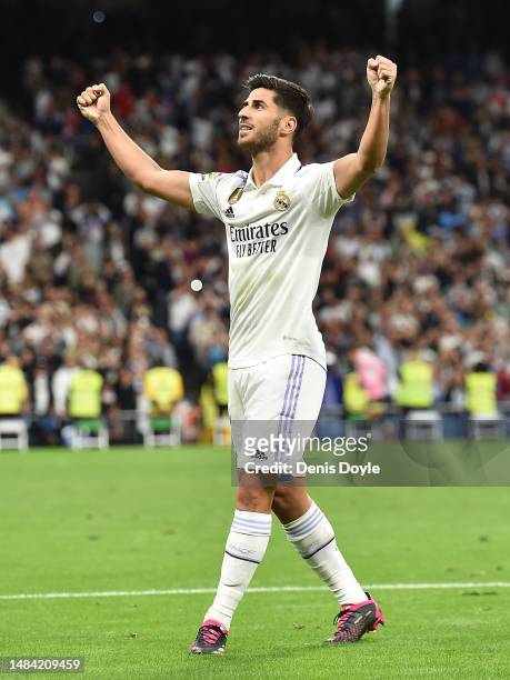 Marco Asensio of Real Madrid celebrates after scoring their team's opening goal during the LaLiga Santander match between Real Madrid CF and RC Celta...