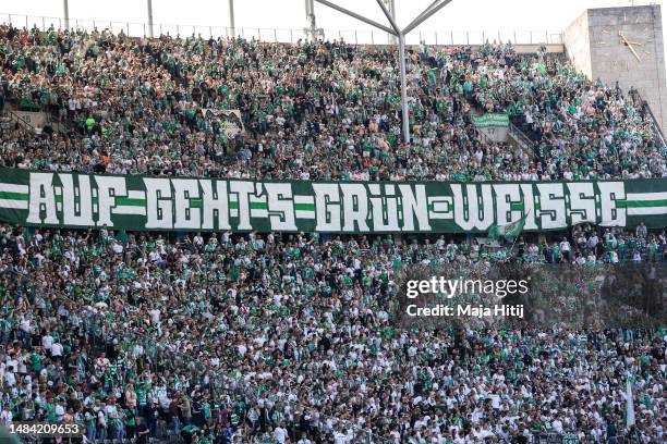 Fans of SV Werder Bremen prior to the Bundesliga match between Hertha BSC and SV Werder Bremen at Olympiastadion on April 22, 2023 in Berlin, Germany.