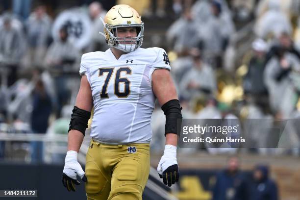Joe Alt of the Notre Dame Fighting Irish looks on during the Notre Dame Blue-Gold Spring Football Game at Notre Dame Stadium on April 22, 2023 in...