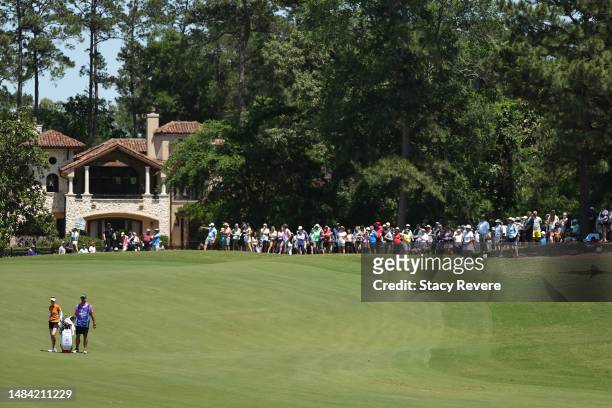 General view is seen as Nelly Korda of the United States and caddie wait on the ninth fairway during the third round of The Chevron Championship at...