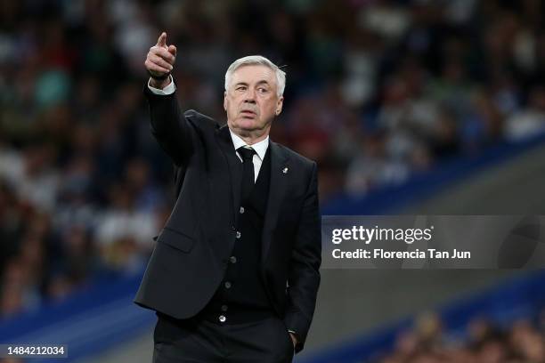 Carlo Ancelotti, Manager of Real Madrid, reacts during the LaLiga Santander match between Real Madrid CF and RC Celta at Estadio Santiago Bernabeu on...