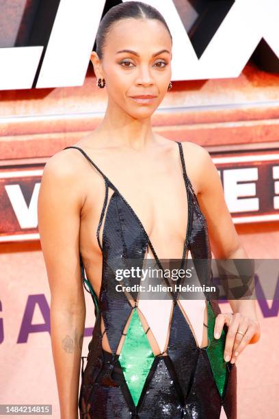 Zoe Saldana attends the "Guardians of the Galaxy Vol. 3" European gala event at the Avengers Campus at Disneyland Paris on April 22, 2023 in Paris,...