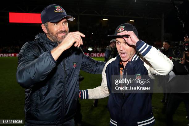 Ryan Reynolds and Rob McElhenney, Owners of Wrexham embrace after Wrexham win the Vanarama National League and are promoted to the English Football...