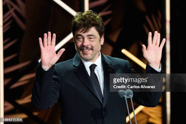 Actor Benicio del Toro receives de Platino de Honor award 2023 during the Platino Awards ceremony for Ibero-American Cinema 2023 at the Palacio...