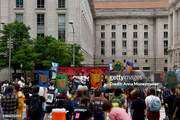 An inflated replica of Earth is set up during an Earth Day gathering titled “End the Era of Fossil Fuels,” at Freedom Plaza on April 22, 2023 in...