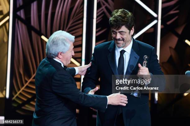 Actor Benicio del Toro receives from Enrique Cerezo the Platino de Honor award 2023 during the Platino Awards ceremony for Ibero-American Cinema 2023...