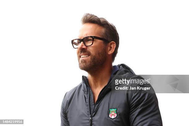 Ryan Reynolds, Owner of Wrexham looks on prior to the Vanarama National League match between Wrexham and Boreham Wood at Racecourse Ground on April...