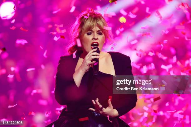 Maite Kelly performs on stage during the Giovanni Zarrella show at Studio Berlin Adlershof on April 22, 2023 in Berlin, Germany.