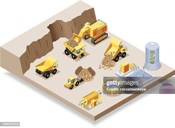 ilustrações, clipart, desenhos animados e ícones de isometric, mineração conjunto - maquinaria de construção