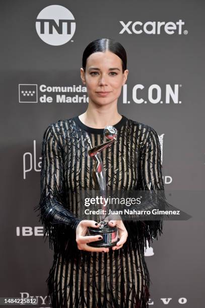 Laia Costa holds the Best Actress Award for the film 'Cinco Lobitos' during Platino Awards for Ibero-American Cinema 2023 at IFEMA Palacio Municipal...