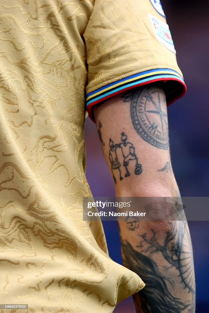 A detailed view of the football tattoo of Mapi Leon of FC Barcelona ...