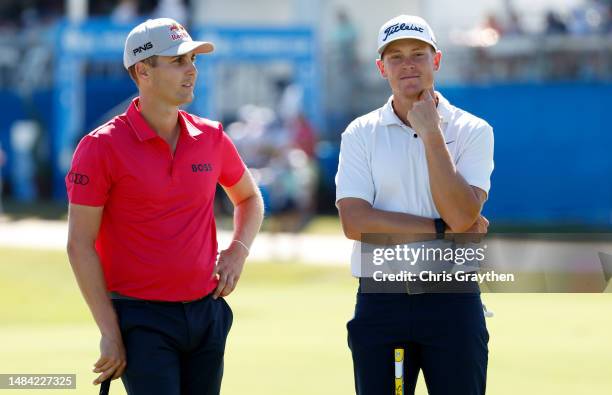 Matthias Schwab of Austria and Vincent Norrman of Sweden on the 18th green during the third round of the Zurich Classic of New Orleans at TPC...