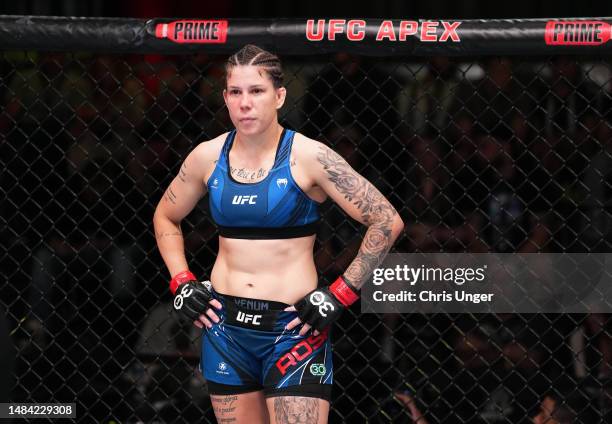 Karol Rosa of Brazil is seen in her corner between rounds in a featherweight fight against Norma Dumont of Brazil during the UFC Fight Night event at...