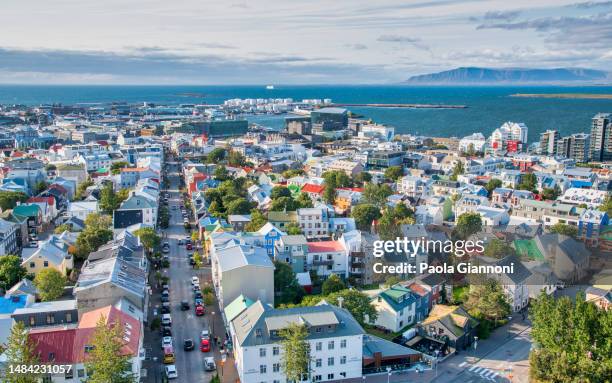 aerial view of reykjavik at sunset, iceland - reykjavik county stock pictures, royalty-free photos & images