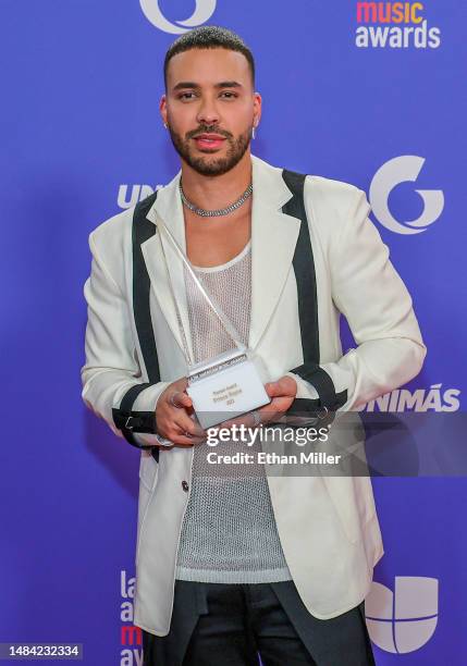 Prince Royce, winner of the Pioneer Award, poses in the press room during the 2023 Latin American Music Awards at MGM Grand Garden Arena on April 20,...