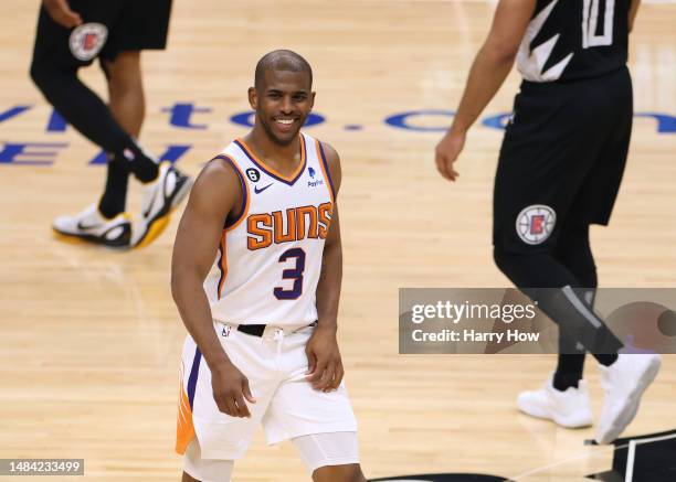 Chris Paul of the Phoenix Suns reacts to his off balance three pointer during a 112-100 Suns win over the LA Clippers during Game Four of the Western...