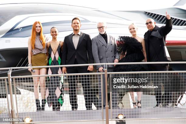 Karen Gillan, Zoe Saldana, Chris Pratt, James Gunn, Pom Klementieff and Vin Diesel attend the "Guardians of the Galaxy Vol. 3" European gala event at...