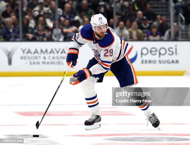 Leon Draisaitl of the Edmonton Oilers skates with the puckduring a 3-2 Los Angeles Kings win in overtime in Game Three of the First Round of the 2023...