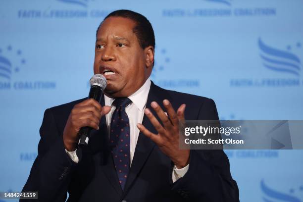 Republican presidential candidate conservative radio talk show host Larry Elder speaks to guests at the Iowa Faith & Freedom Coalition Spring...