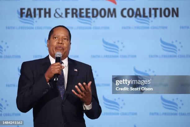 Republican presidential candidate conservative radio talk show host Larry Elder speaks to guests at the Iowa Faith & Freedom Coalition Spring...