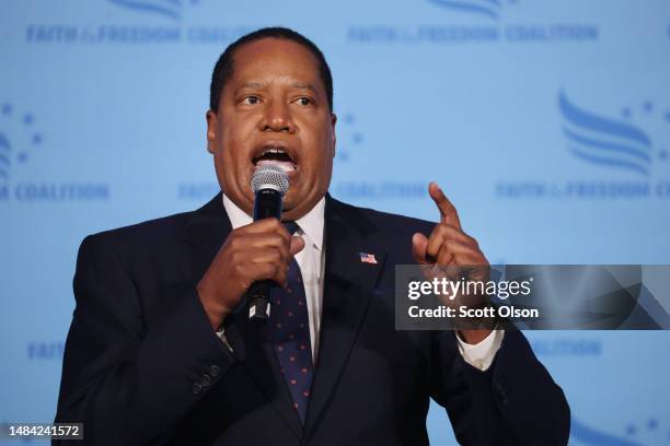 Republican presidential candidate conservative radio talk show host Larry Elder speaks to guests at the Iowa Faith & Freedom Coalition Spring...