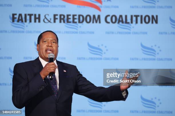Republican presidential candidate conservative radio talk show host Larry Elder speaks to guests at the Iowa Faith & Freedom Coalition Spring...