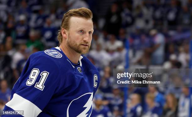 Steven Stamkos of the Tampa Bay Lightning warms up during Game Three of the First Round of the 2023 Stanley Cup Playoffs against the Toronto Maple...