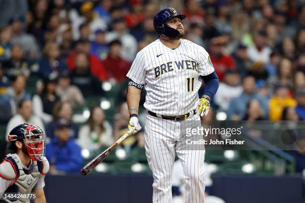 Rowdy Tellez of the Milwaukee Brewers hits a two-run home run in the third inning against the Boston Red Sox at American Family Field on April 22,...