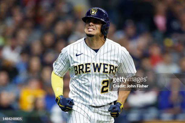 Willy Adames of the Milwaukee Brewers reacts after flying out in the third inning against the Boston Red Sox at American Family Field on April 22,...