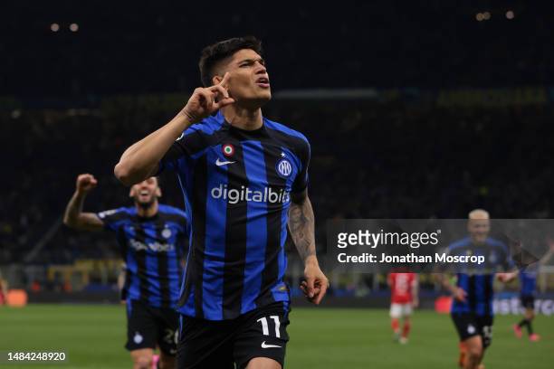 Joaquin Correa of FC Internazionale celebrates after scoring to give the side a 3-1 lead during the UEFA Champions League quarterfinal second leg...