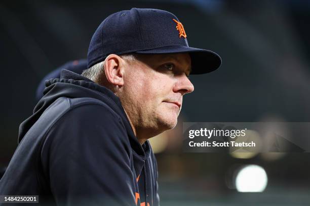 Manager A.J. Hinch of the Detroit Tigers looks on during the second inning against the Baltimore Orioles at Oriole Park at Camden Yards on April 22,...