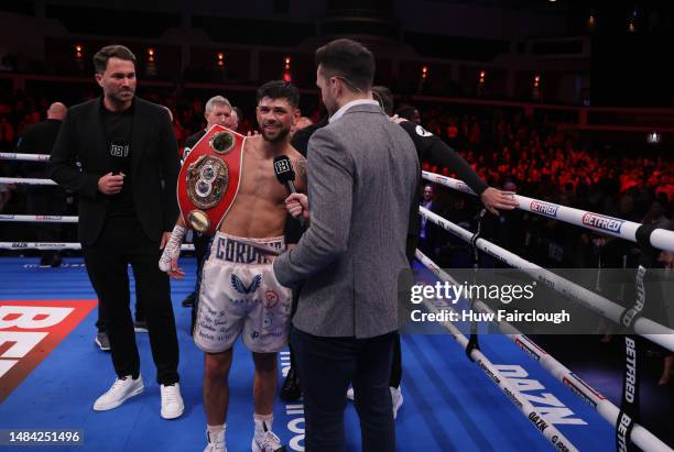 Boxer Joe Cordina is interviewed following his win over Shavkatdzhon Rakhimov for the IBF World Super Featherweight title at the Motorpoint Arena...