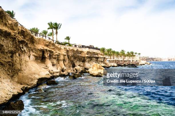 view from the sea to a rocky beach and a reef on the red sea coast - tourism in south sinai stock pictures, royalty-free photos & images