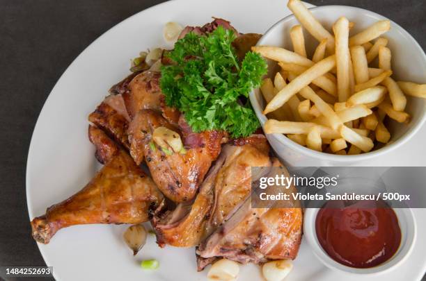 meat dishes - grilled chicken with french fried - assado no espeto imagens e fotografias de stock