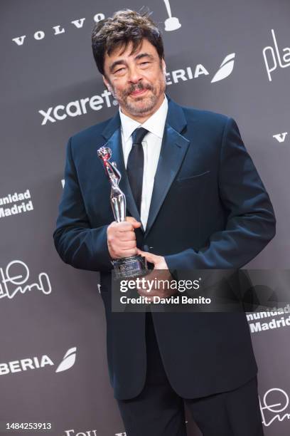 Benicio del Toro holds the Honorific Award during the Platino Awards for Ibero-American Cinema 2023 at IFEMA Palacio Municipal on April 22, 2023 in...